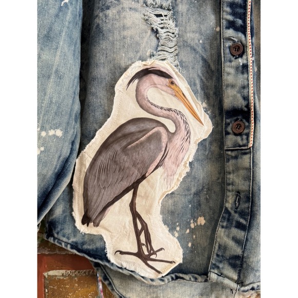 Upcycled/Reworked Denim Jacket| Vintage Heron, Cat, & Bow Patchwork| Boho| Large - Picture 8 of 13